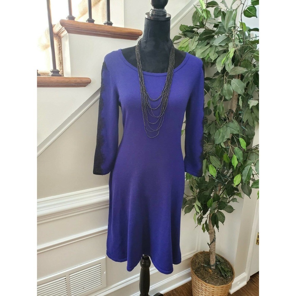 Nine West Women's Solid Blue Cotton Round Neck Long Sleeve Knee Length Dress M